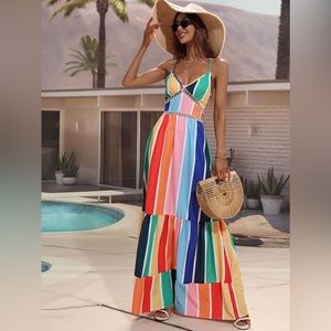 Colorful Striped Ruffle Hem Maxi Cami Dress